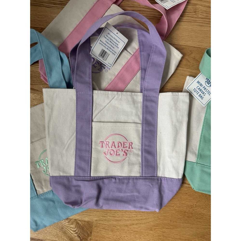 Trader Joe's Mini Pastel Canvas Tote Bag Set Of 4 Pink Blue Green Purple New - Picture 3 of 6
